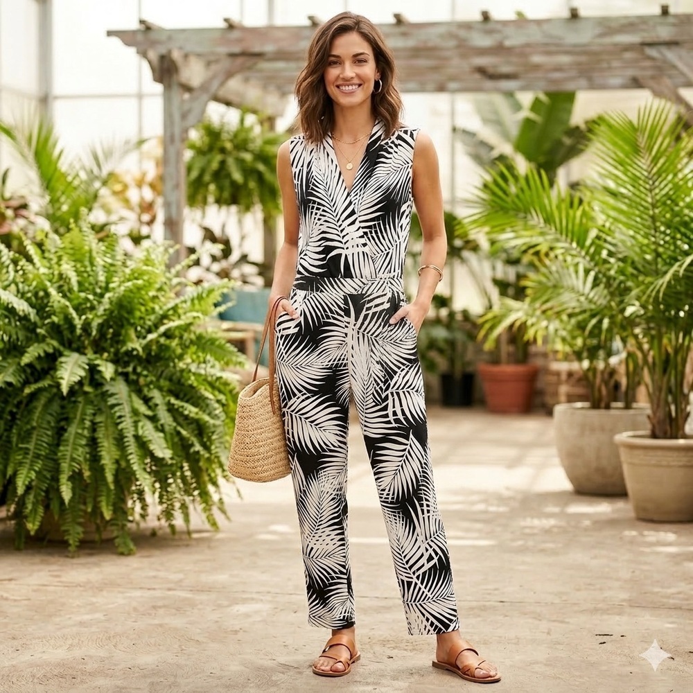 Sandra Darren Black & White Tropical Print Jumpsuit Size 12